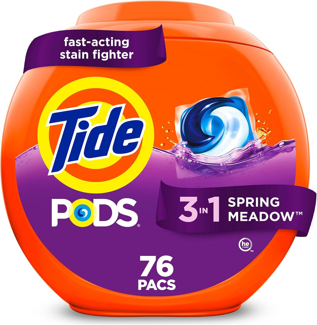PODS laundry detergent pacs, 3-in-1 Stain Remover, Odor Fighter, Color Protector, 76 Count, HE compatible, Spring
