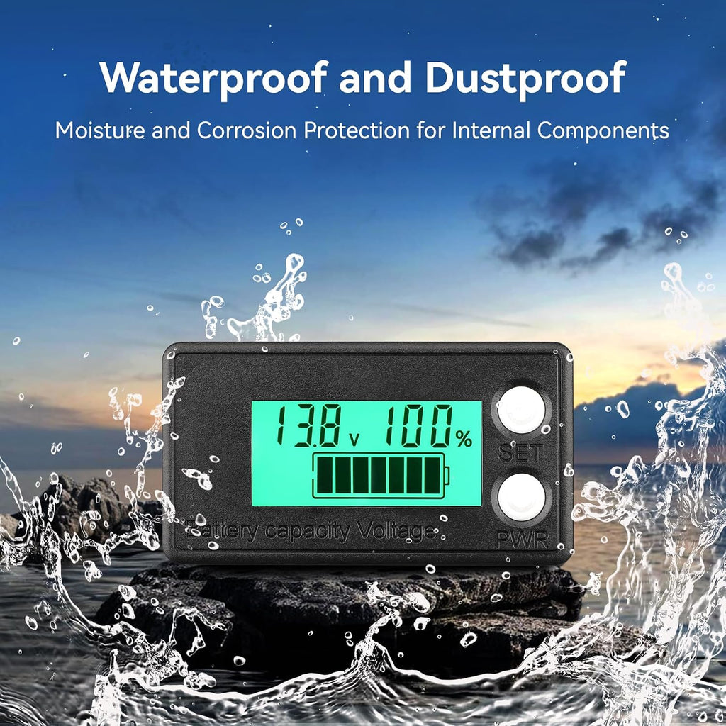 Waterproof Battery Monitor 12V 24V 36V 48V 72V Battery Meter 8-100V, Capacity Tester LCD Display with Green