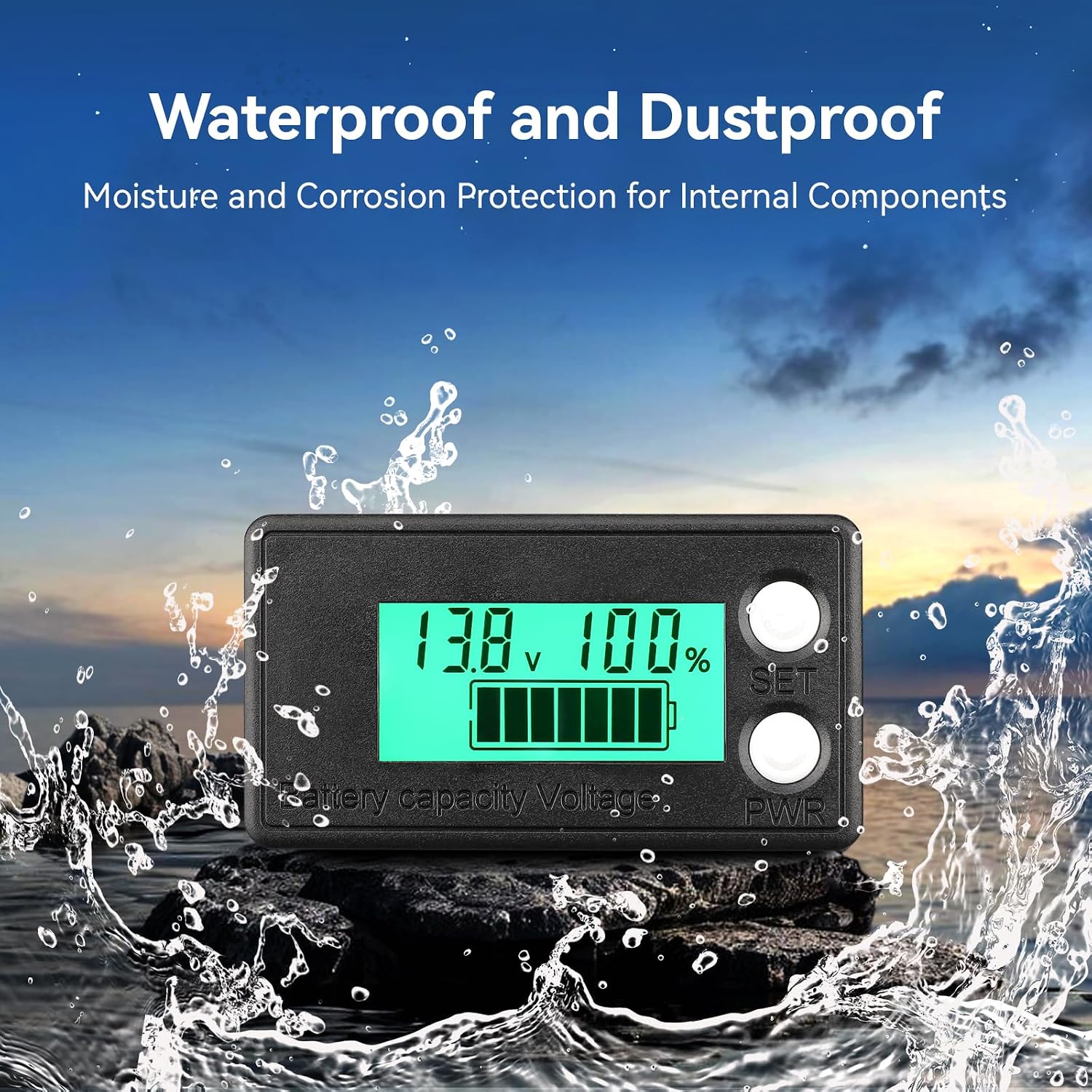 Waterproof Battery Monitor 12V 24V 36V 48V 72V Battery Meter 8-100V, Capacity Tester LCD Display with Green