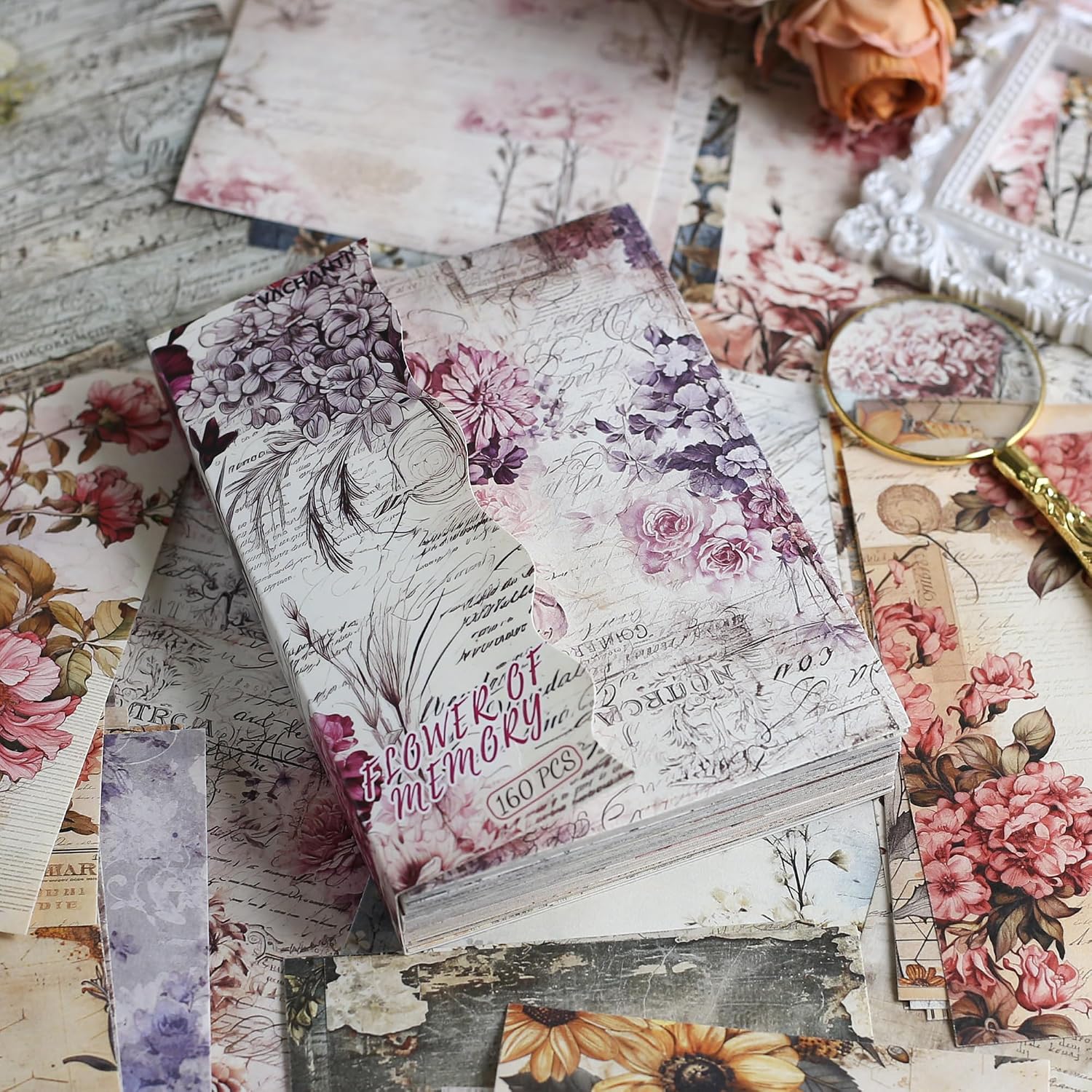 160 Sheets Vintage Flower Scrapbook Paper, Junk Journal Supplies, Purple Pink Flowers with Cursive Script No