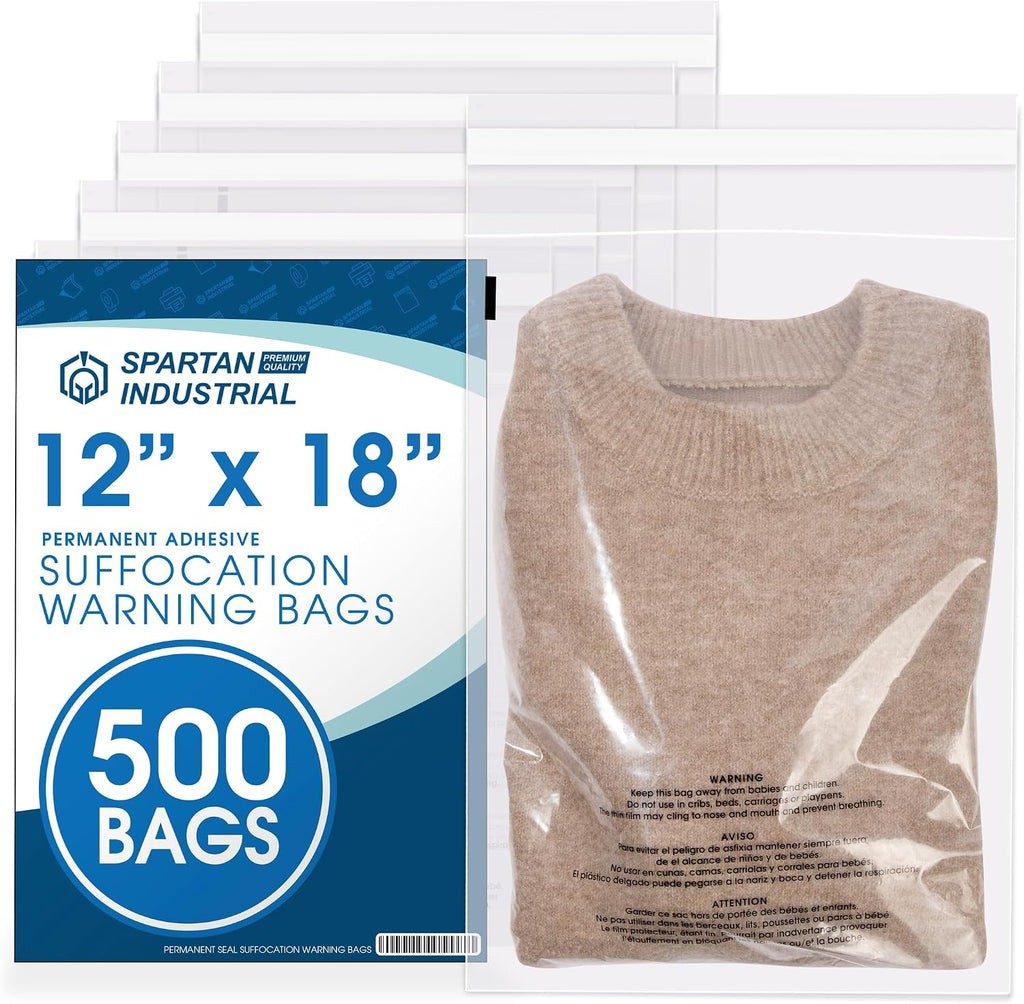 12" X 18" (500 Count) Self Seal Clear Poly Bags with Suffocation Warning