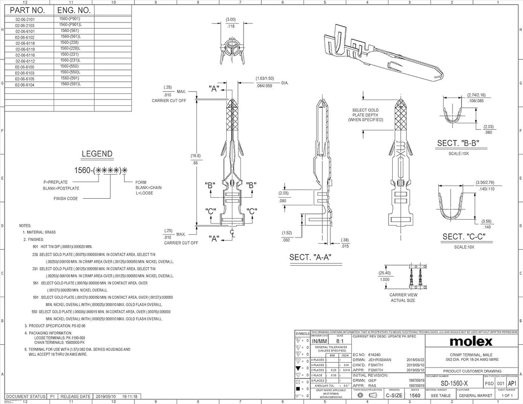 Molex Pin, Male & Female .062" 18-24 AWG, Series 1561 Tin (Sn) Plated Brass Contact (20 Pair)