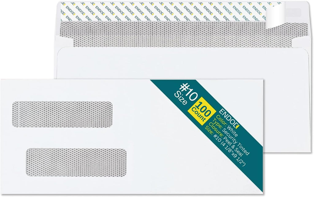 #10 Double Window Security Envelopes Self Seal - 100/Pack - for Quickbooks Invoices and Business Statements