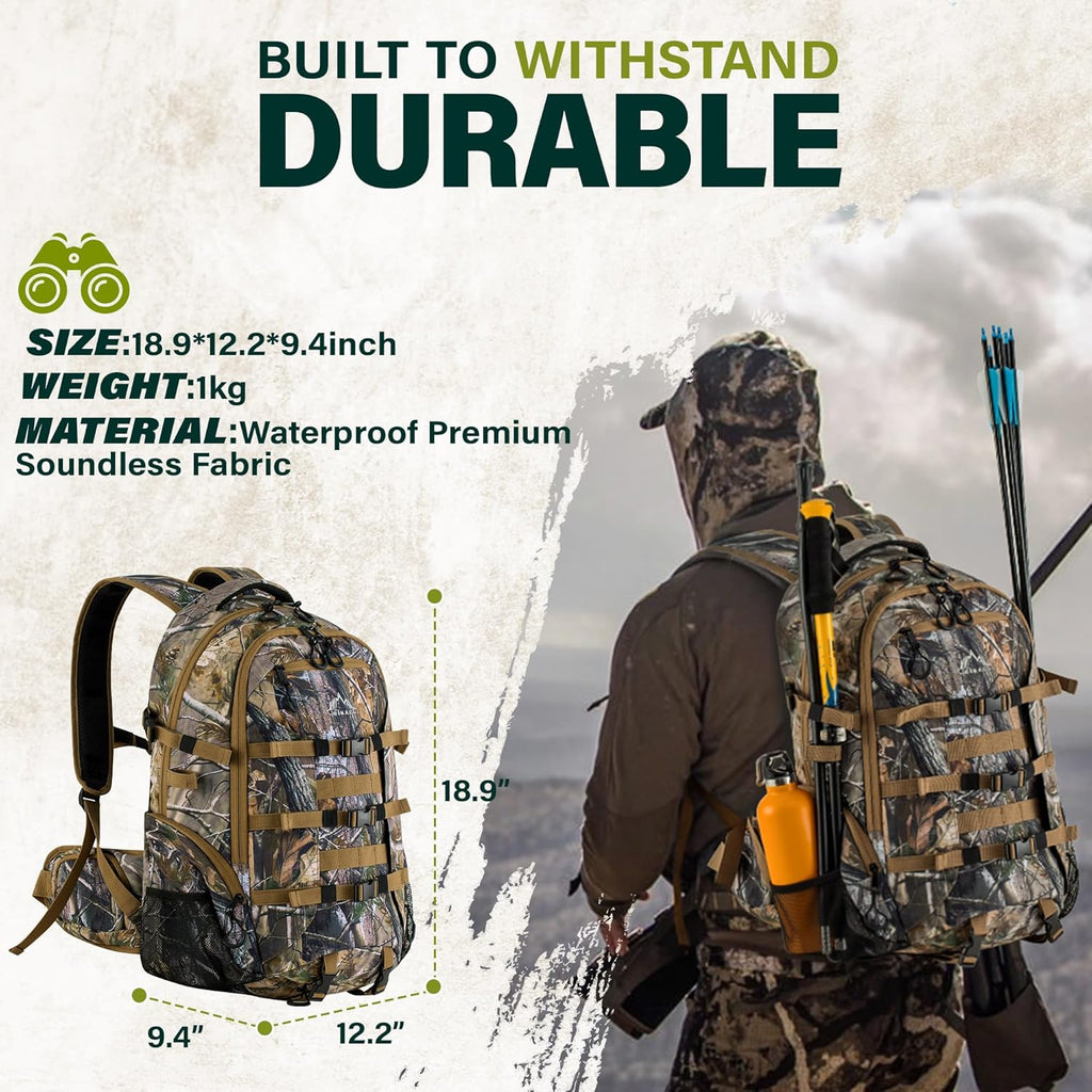 Hunting Backpack,30L Camo Daypack for Deer Bowhunting | Waterproof,600D Fabric,Hunting Gear,Rain Cover,Large