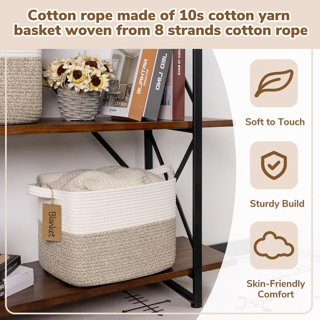 Woven Storage Basket, Cotton Rope Basket for Dog Toys, Books, Stylish Gift Basket with Handles, 13 x 10 x 9 Inches