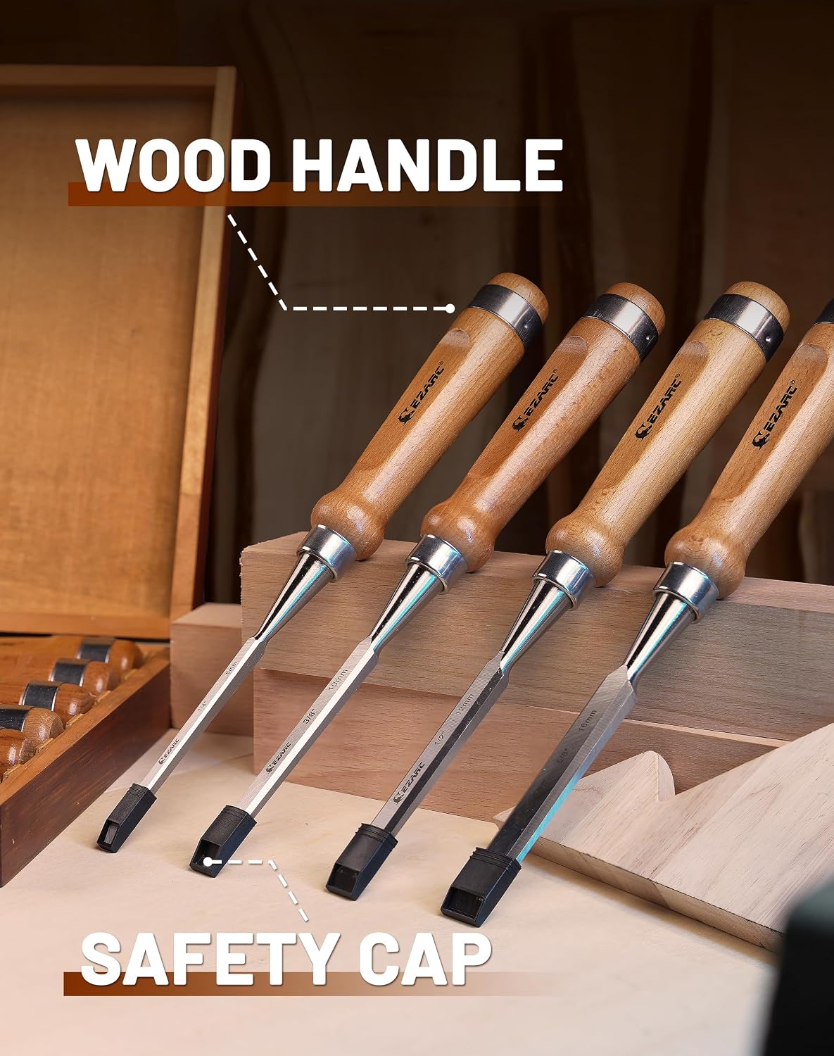 Wood Chisel Set, 6PCS 1/4-1 Inch CR-V Chisels with Wooden Case | Woodworking Carving Chisel Kit, CR-V Steel HRC60