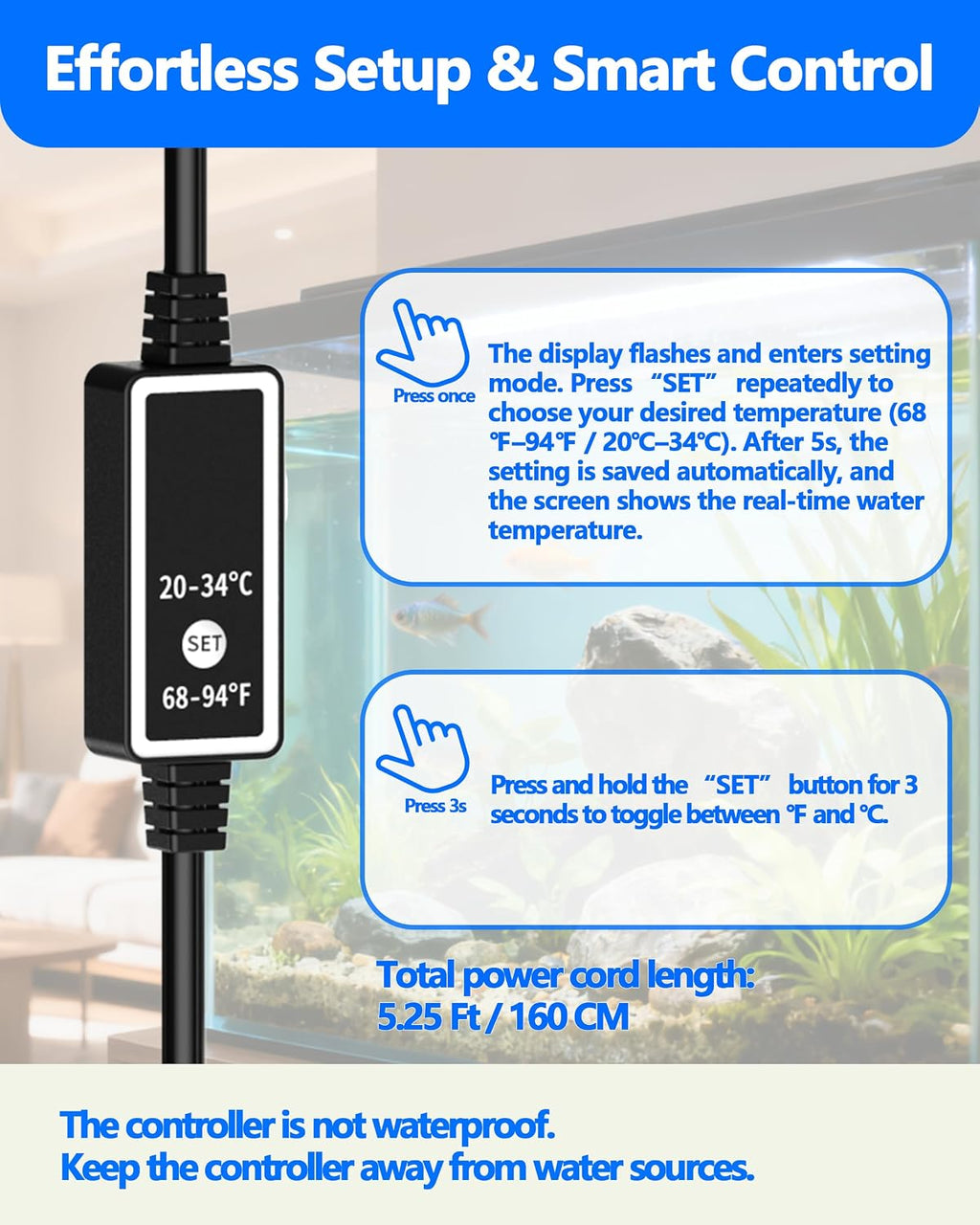 50W Titanium Aquarium Heater with LED Digital Display & External Controller – Submersible Fish Tank Heater, Precise