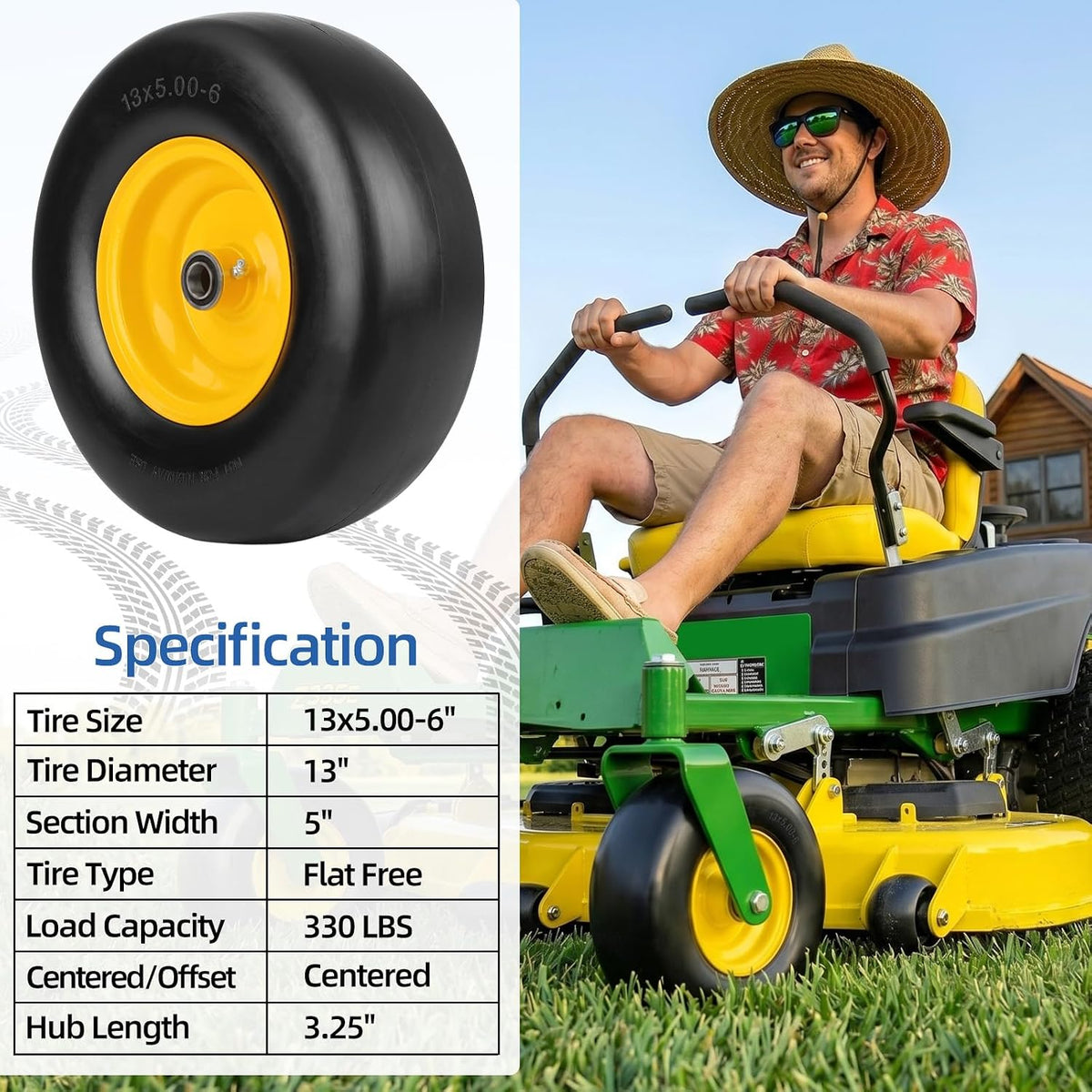 13x5.00-6 Flat Free Lawn Mower Tire and Wheel with Bearing Bore 3/4" or 5/8", 13x5-6 Smooth Tread Tire, 3.25"-5.9"