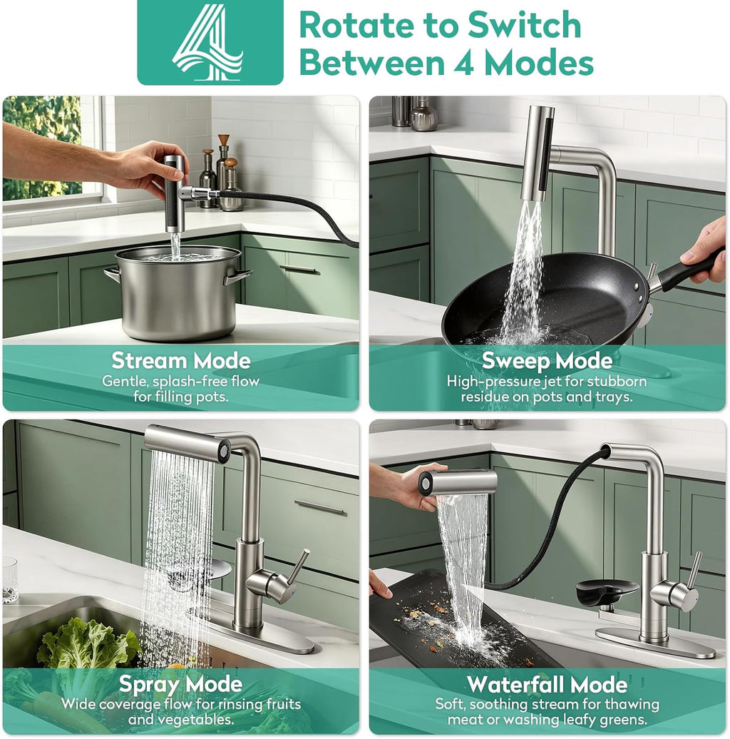 Waterfall Kitchen Faucets with Glass Rinser &Sprayer Brushed Nickel