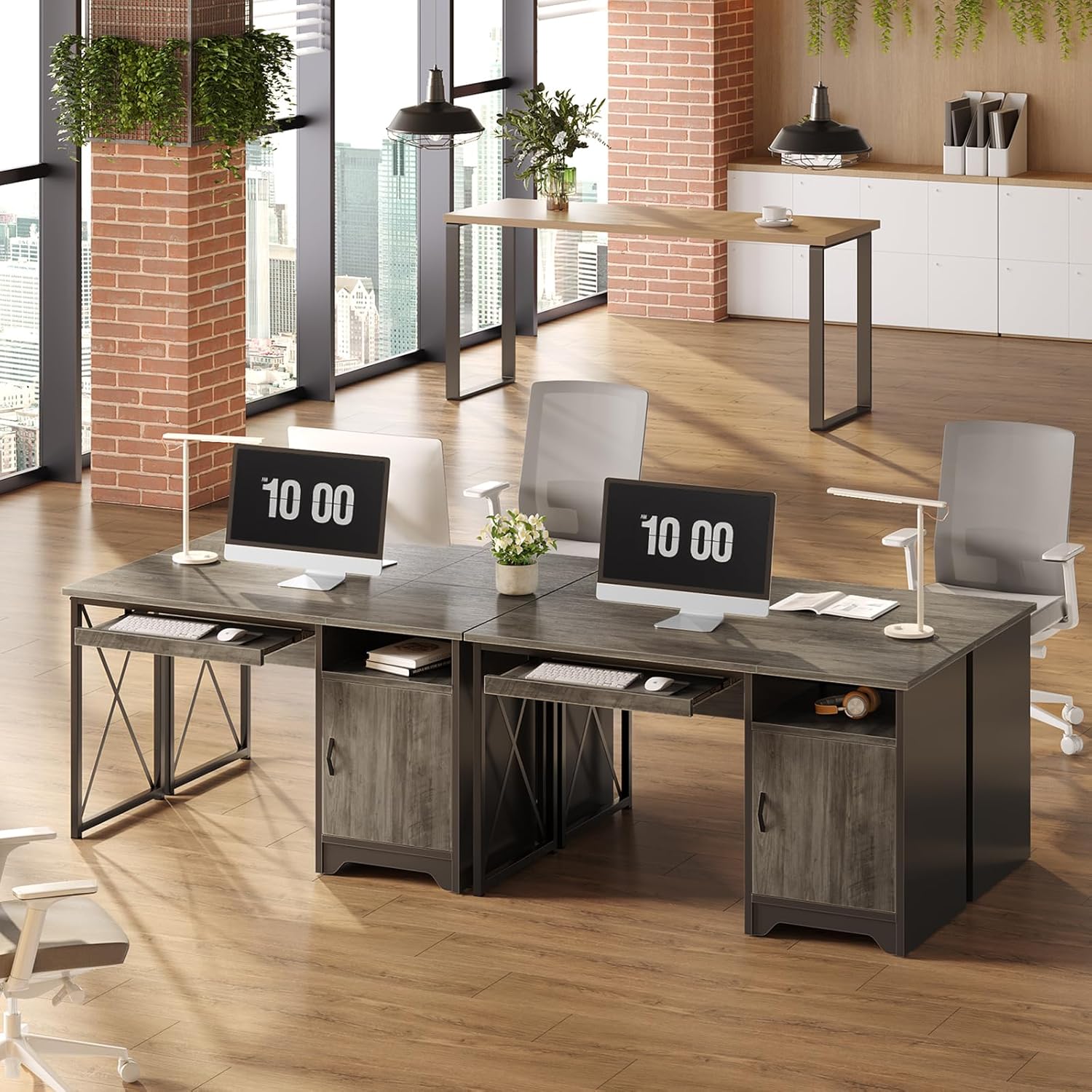 Office Desk with Keyboard Tray, Industrial Computer Desk with Storage, Reversible Executive Desk with File Cabinet