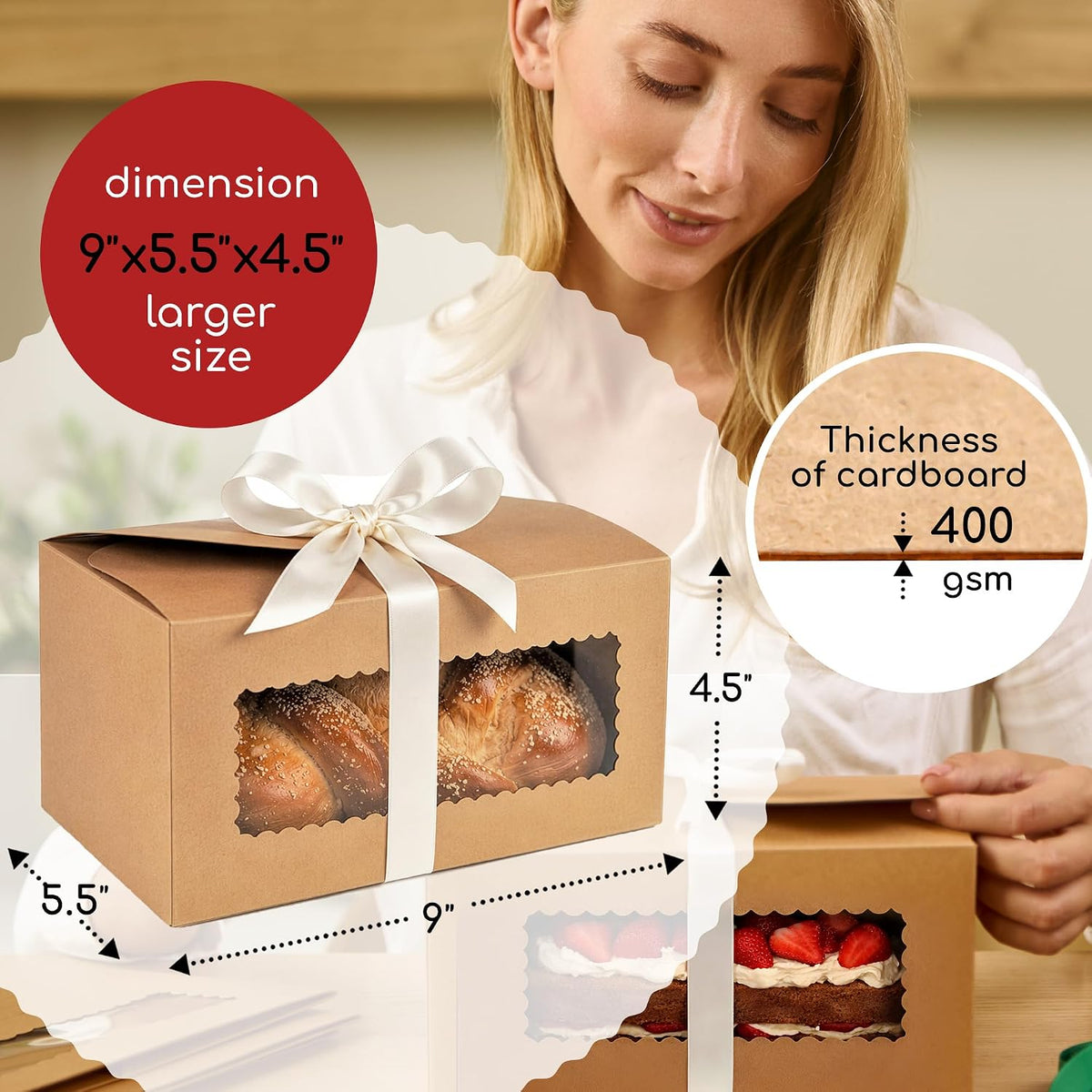 Large Bread Gift Boxes with Ribbons & Window (20 Pack) Mini Loaf Packaging
