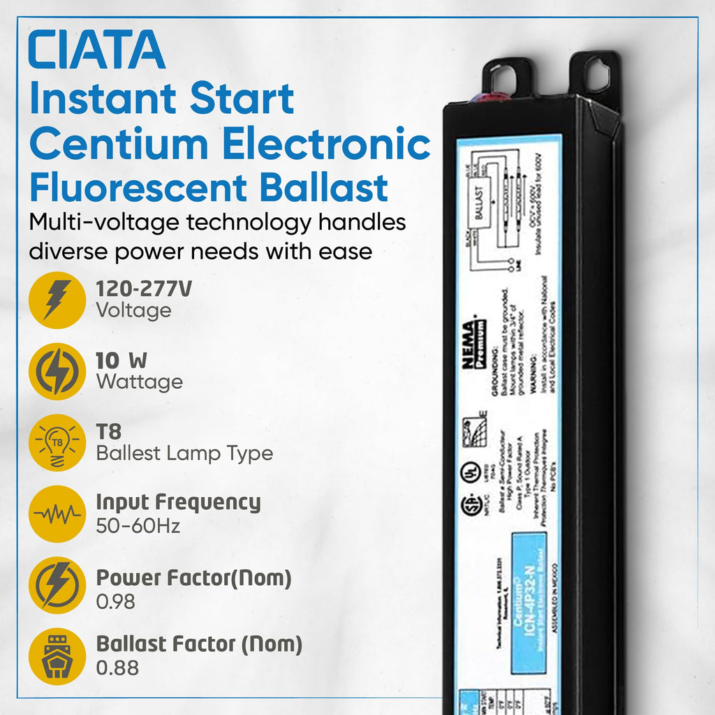 ICN4P32N, 120-277V, 50-60Hz Input Frequency, Solid Wire Type, Instant Start Centium Electronic Fluorescent Ballast