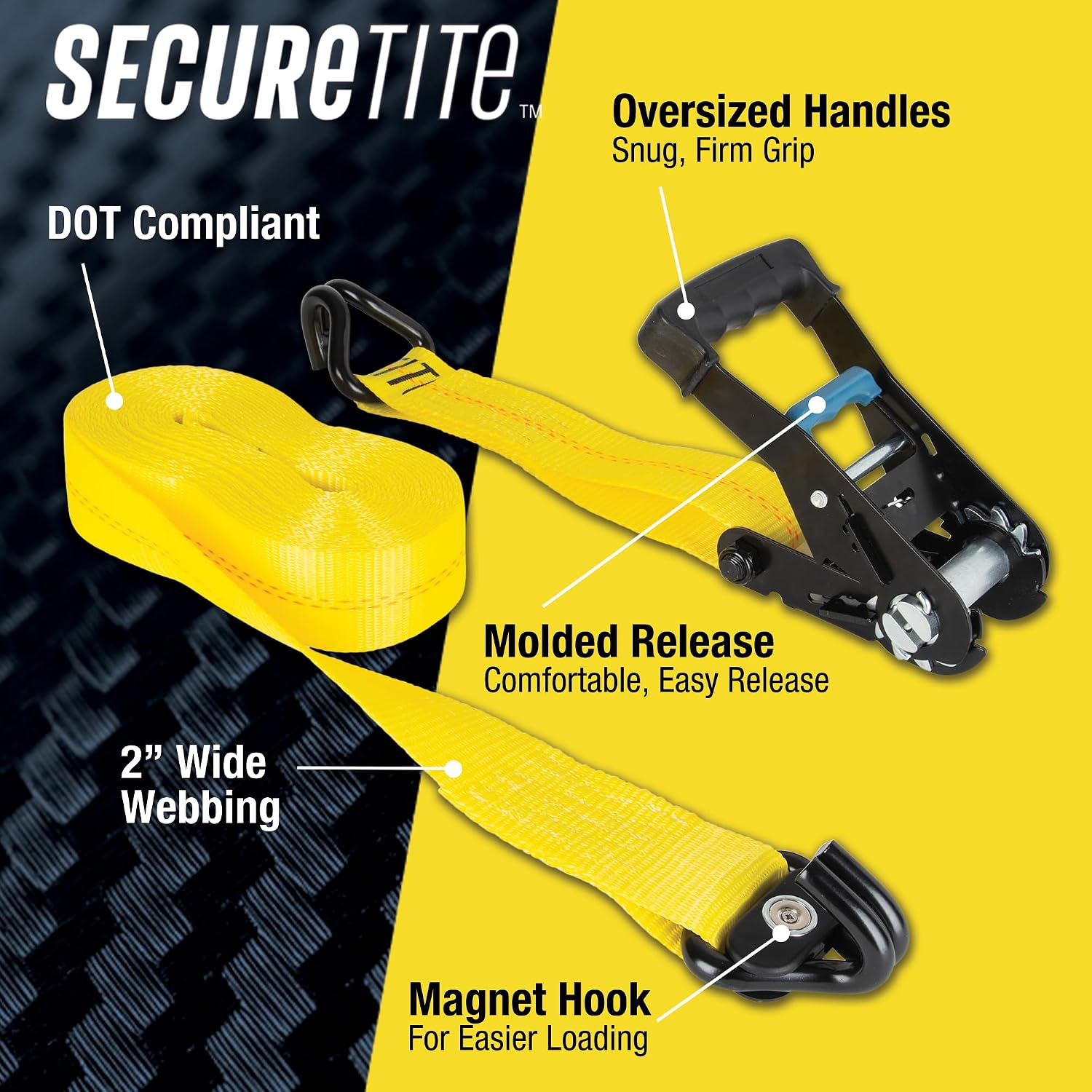 Ratchet Tie Down Strap 2 in. x 27 ft. with Magnetic Double J-Hook– 10,000 lb Break Strength, 3,333 lb Working Load