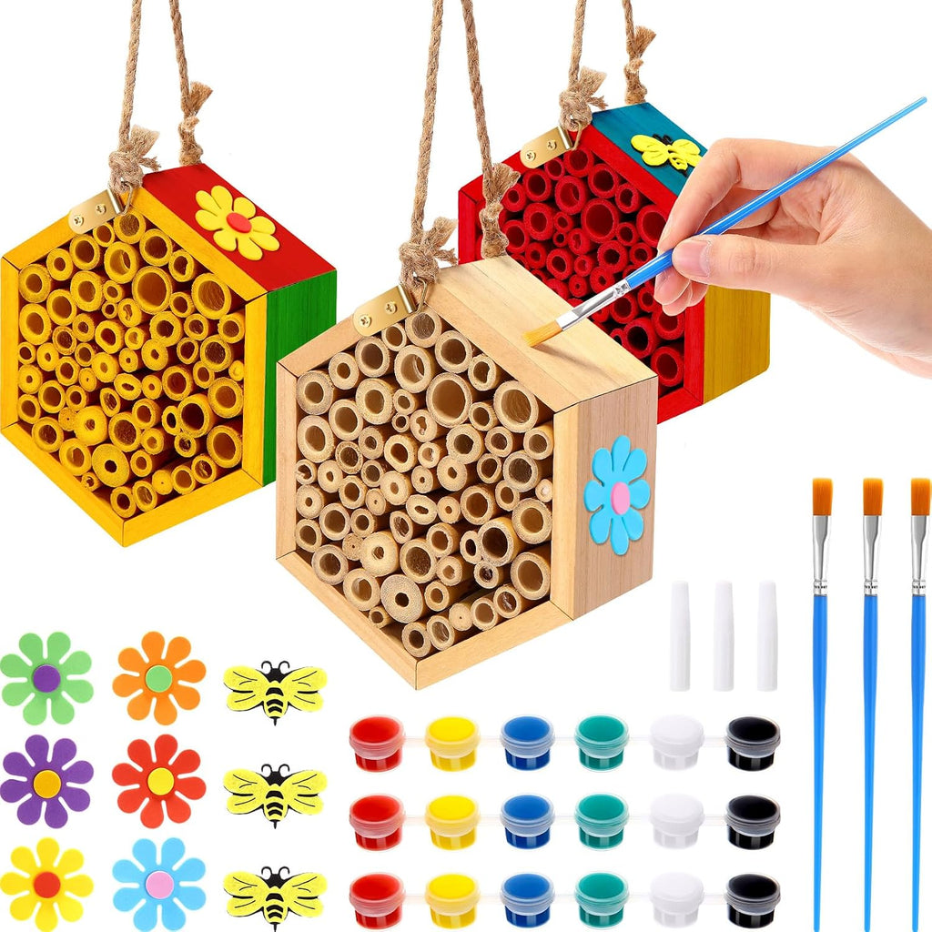 3 Pcs Mason Bee House with DIY Painting Kits, Felt Bee Flower