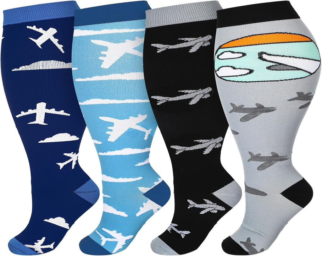 4 Pairs Plus Size Travel Compression Socks for Women Men 3xl Wide Calf Airplane Theme Knee High Compression Socks
