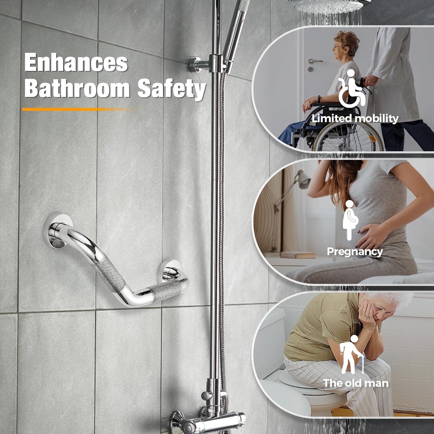 Grab Bars for Bathtubs and Showers- 1-1/4 x 16 Angled Shower Grab Bar for Seniors Knurled Stainless Steel Handicap