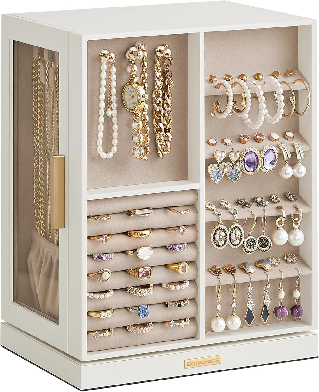 GISELLA Collection - Jewelry Box Organizer 360° Rotating, Vertical Jewelry Storage Case with 5 Drawers, Glass Window