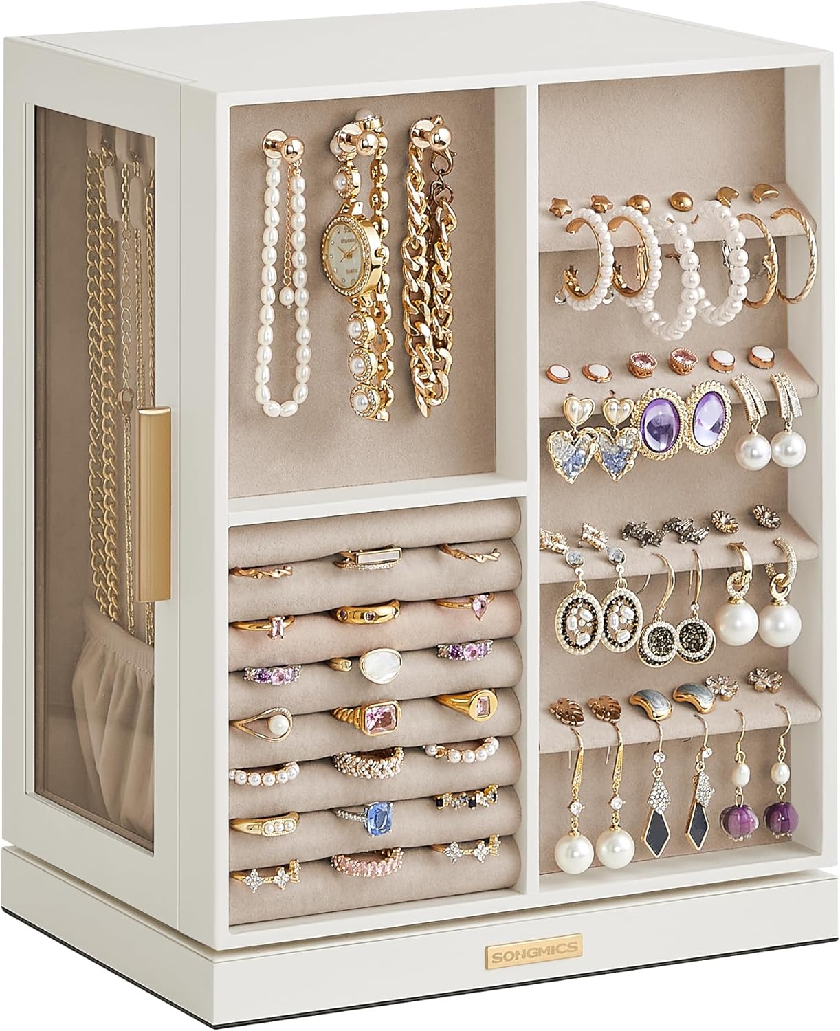 GISELLA Collection - Jewelry Box Organizer 360° Rotating, Vertical Jewelry Storage Case with 5 Drawers, Glass Window