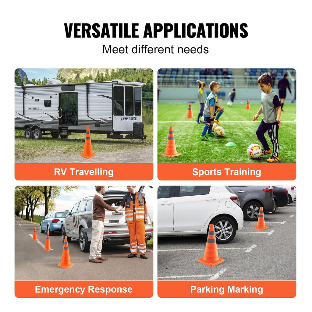 Safety Cones, 4 Pack 28 inch Collapsible Traffic Cones, Construction Cones with Reflective Collars, Wide Base and A
