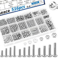 516Pcs Nuts and Bolts Assortment Kit 21-Sizes M3/M4/M5/M6 Nut Bolt Washer Assortment Kit for Machinery, Furniture