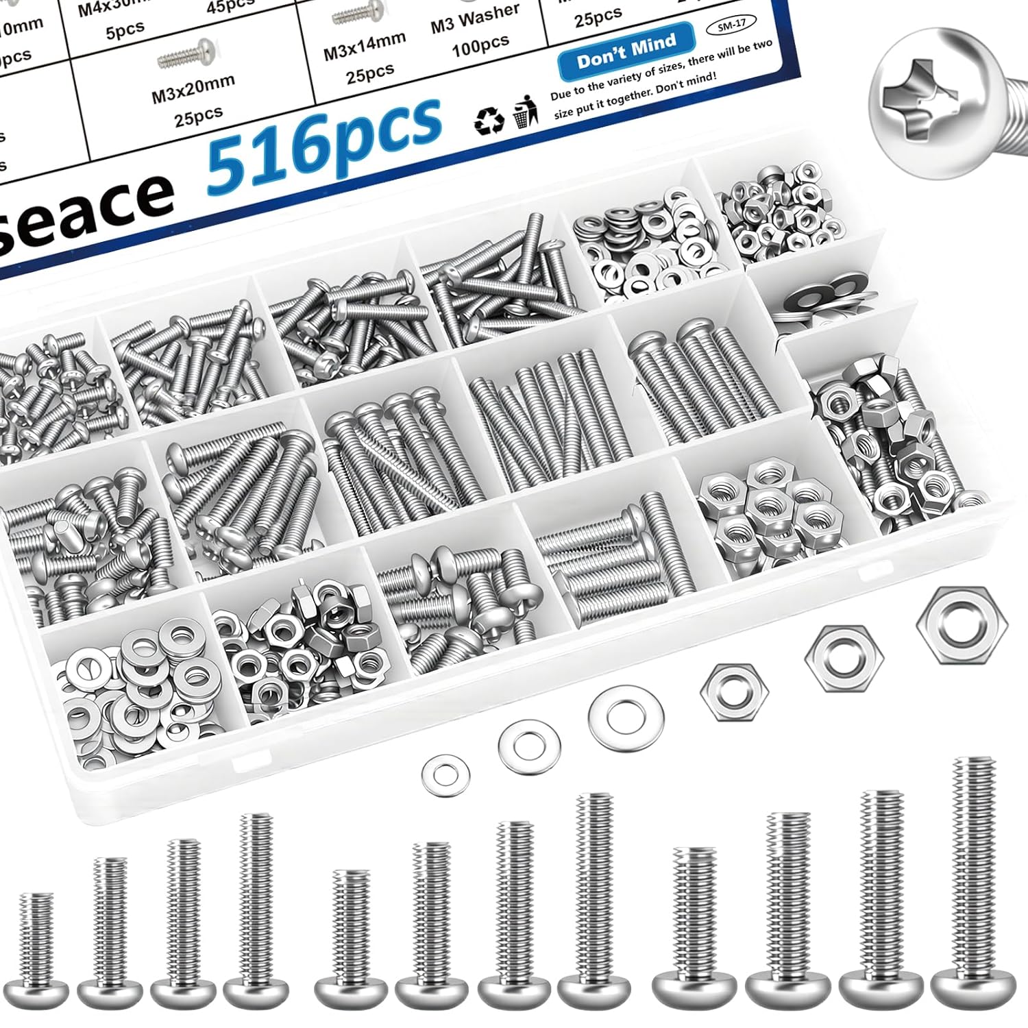 516Pcs Nuts and Bolts Assortment Kit 21-Sizes M3/M4/M5/M6 Nut Bolt Washer Assortment Kit for Machinery, Furniture