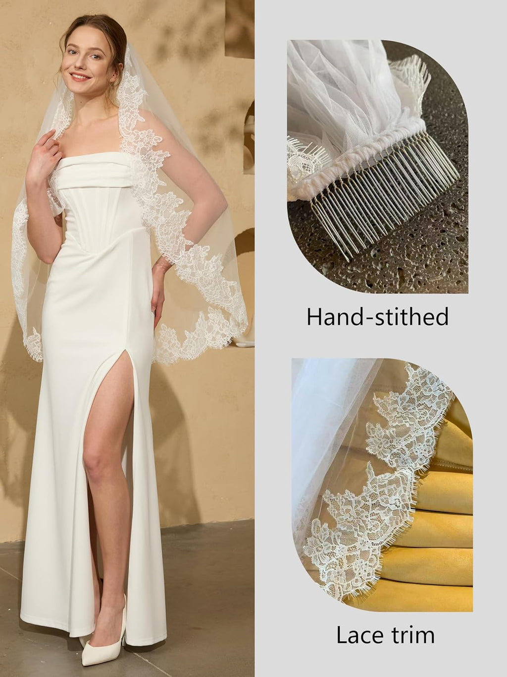 1 Tier Lace Wedding Veil Metal Comb for Brides Ivory & White