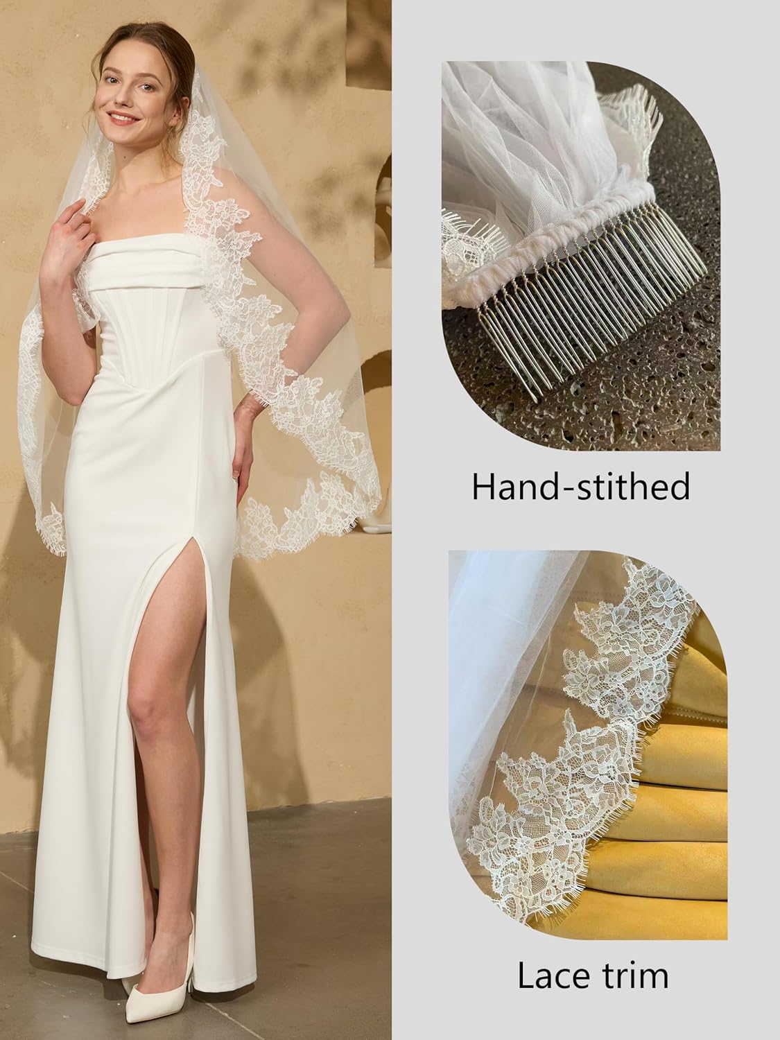 1 Tier Lace Wedding Veil Metal Comb for Brides Ivory & White