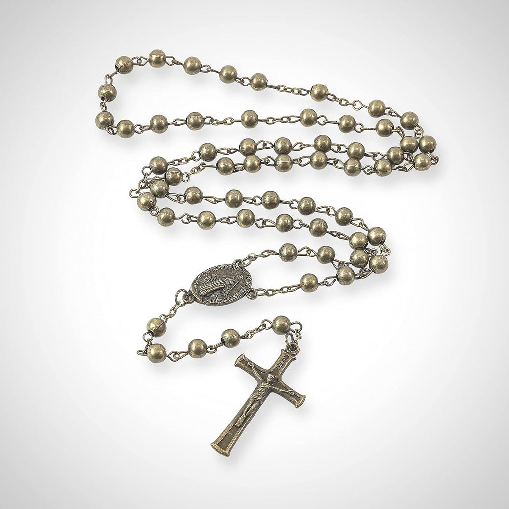 Nazareth Store WWII Combat Design Bronze Rosary Beads Handmade Metal Beaded Men Necklace Miraculous Medal with Jesus