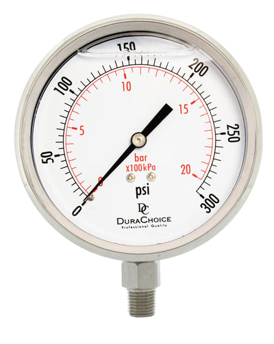 4" All Stainless Steel Oil Filled Pressure Gauge, 1/4" NPT, 0-300 PSI