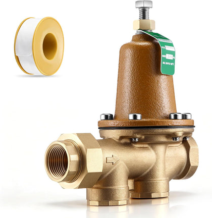 3/4 Inch NPT Water Pressure Reducing Valve, Adjustable Brass Pressure Regulator, PRV for Home Plumbing, RV, Water Heater & Irrigation System, Includes PTFE Tape