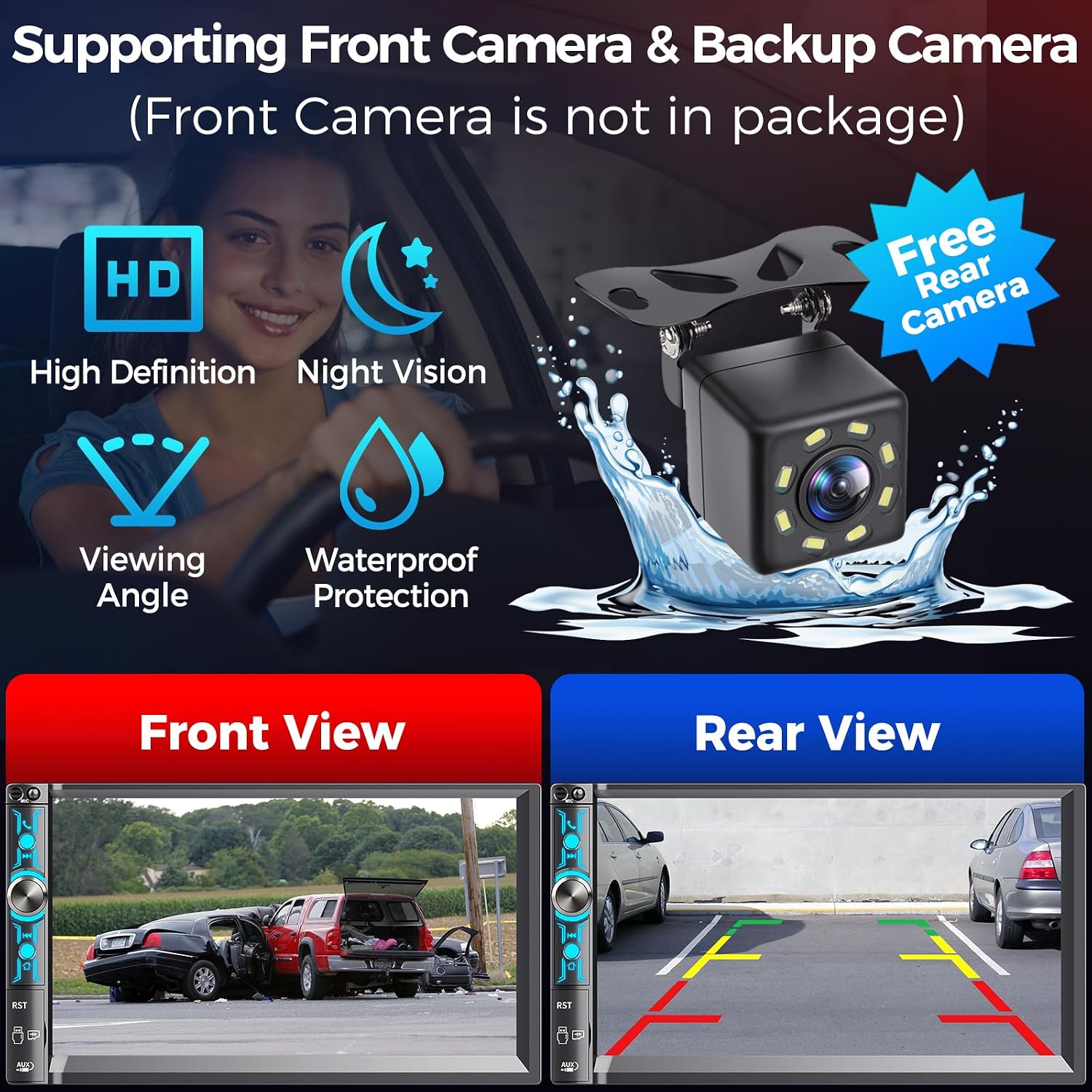 7" Double Din Car Stereo with Wireless Apple Carplay & Android Auto, Bluetooth, 240W, SWC, Subwoofer Out, Mirror