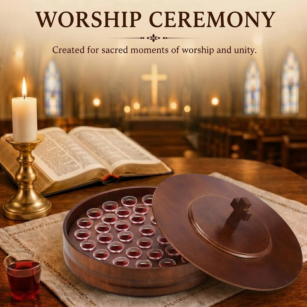 1 Set Wood Communion Tray Set for Church Holy Serving Tray with Lid Elegant 40 Cup Holders and 100 Disposable