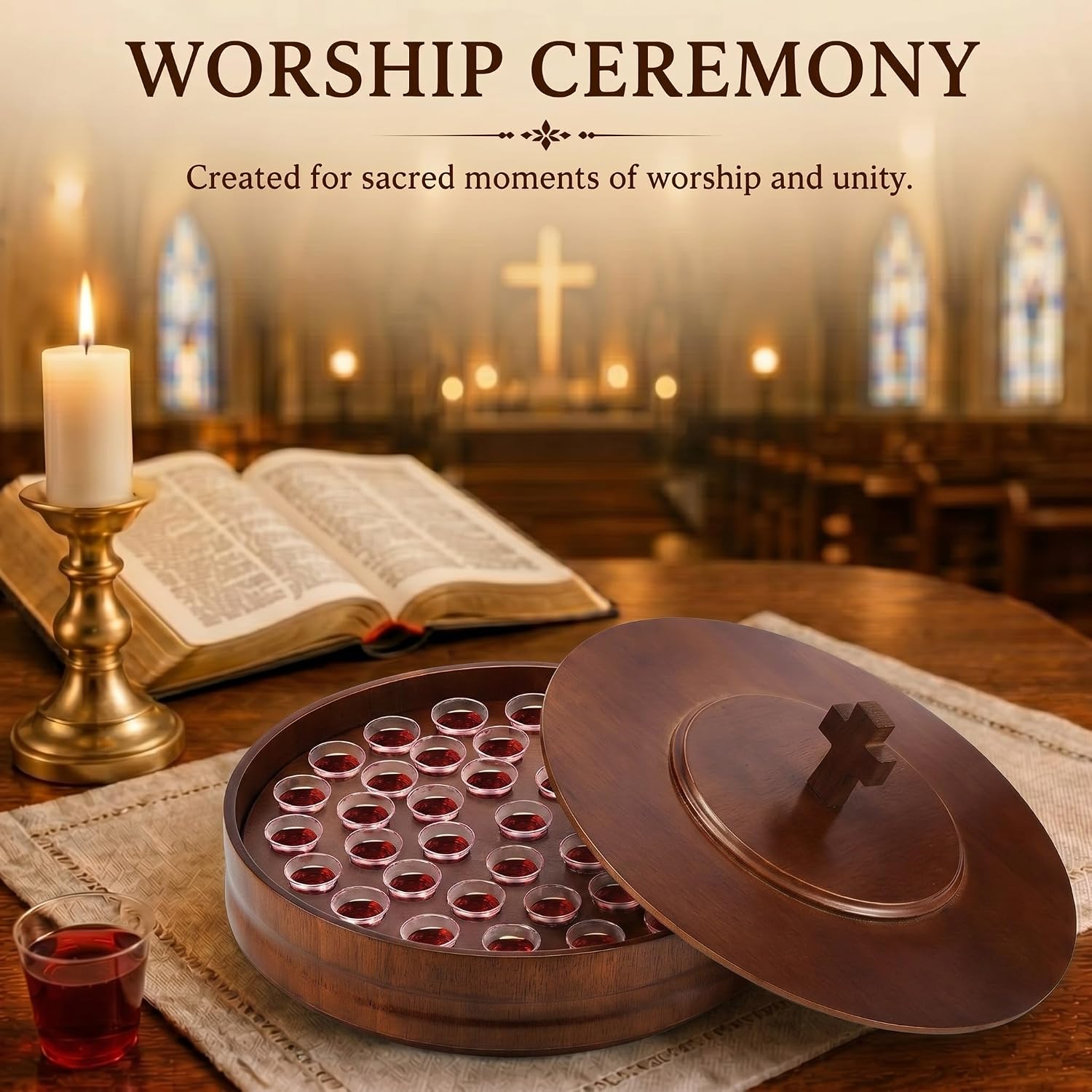 1 Set Wood Communion Tray Set for Church Holy Serving Tray with Lid Elegant 40 Cup Holders and 100 Disposable