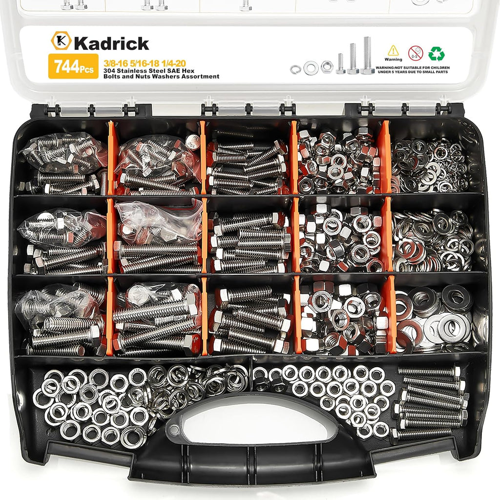 744PCS Stainless Steel Hex Bolt Kit,Size SAE 1/4-20 5/16-18 3/8-16