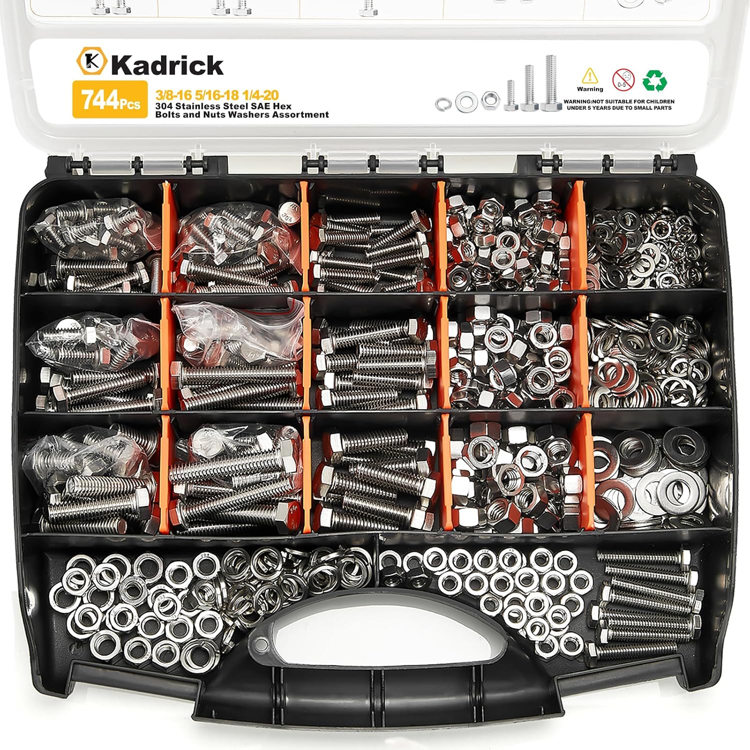 744PCS Stainless Steel Hex Bolt Kit,Size SAE 1/4-20 5/16-18 3/8-16