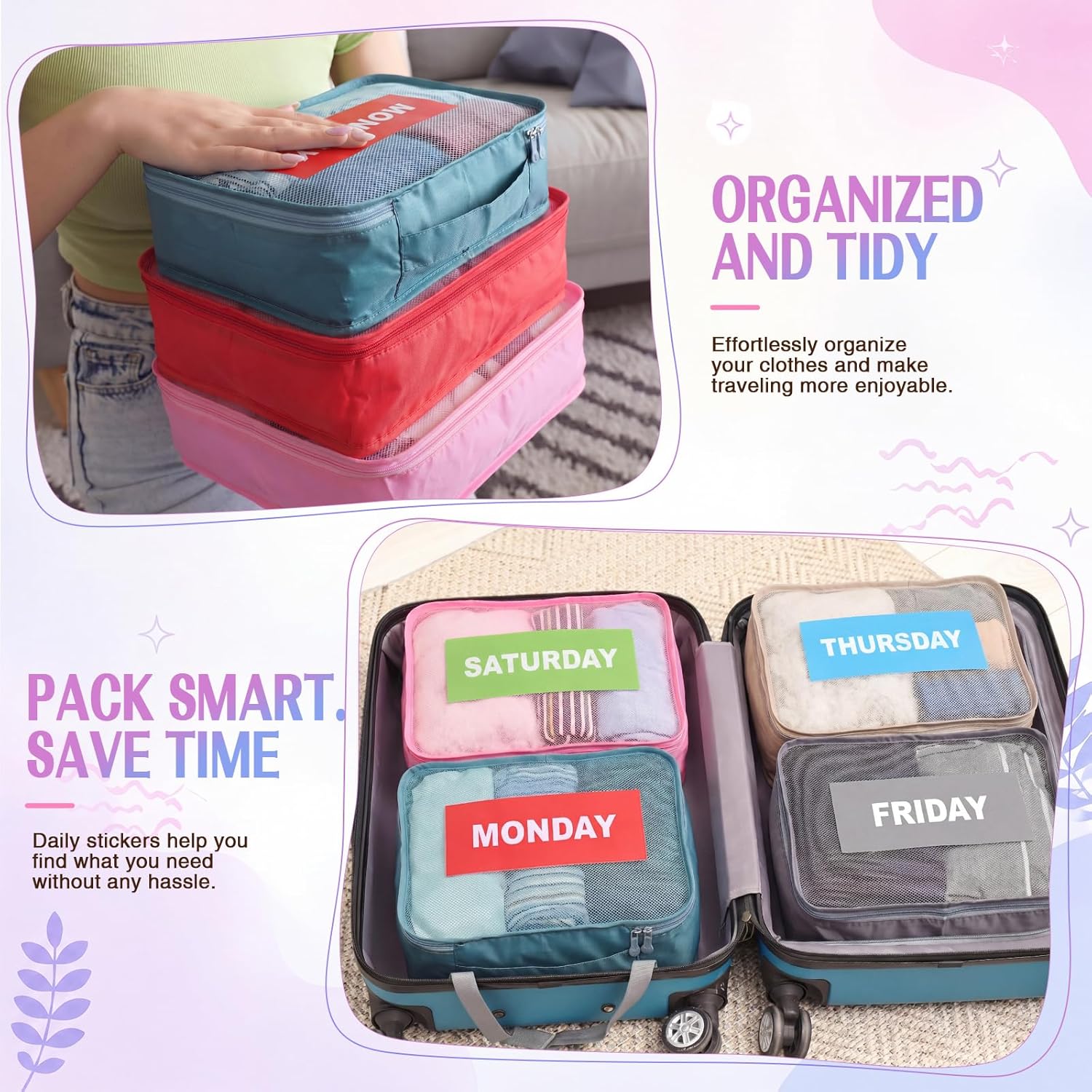 14 Pcs Packing Cubes for Travel Days of Week Packing Cubes with Labels Zippered Camping Bag for Summer Camp Essentials