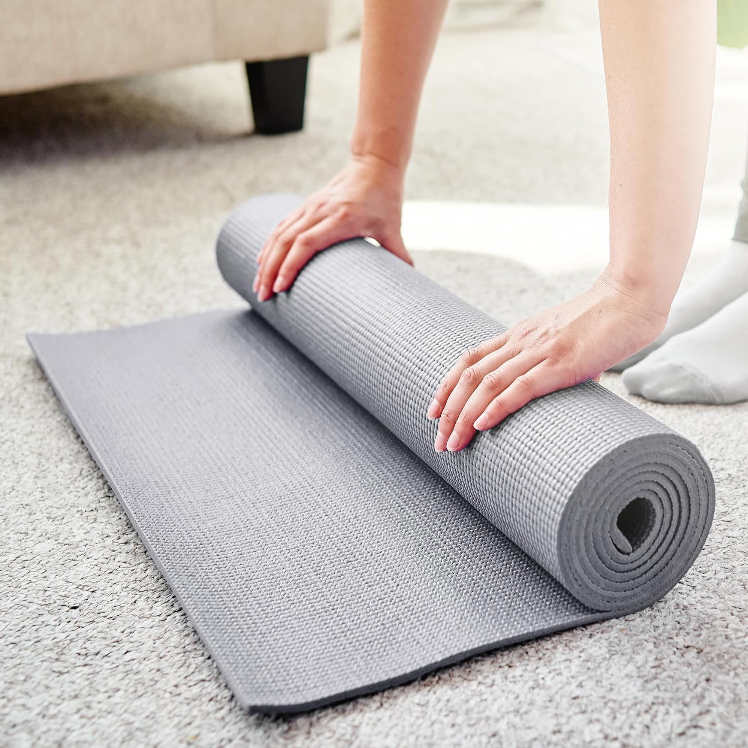 Signature Fitness All Purpose 0.25 Inch Thick High Density No Tear Exercise Yoga Mat with Strap & Lightweight
