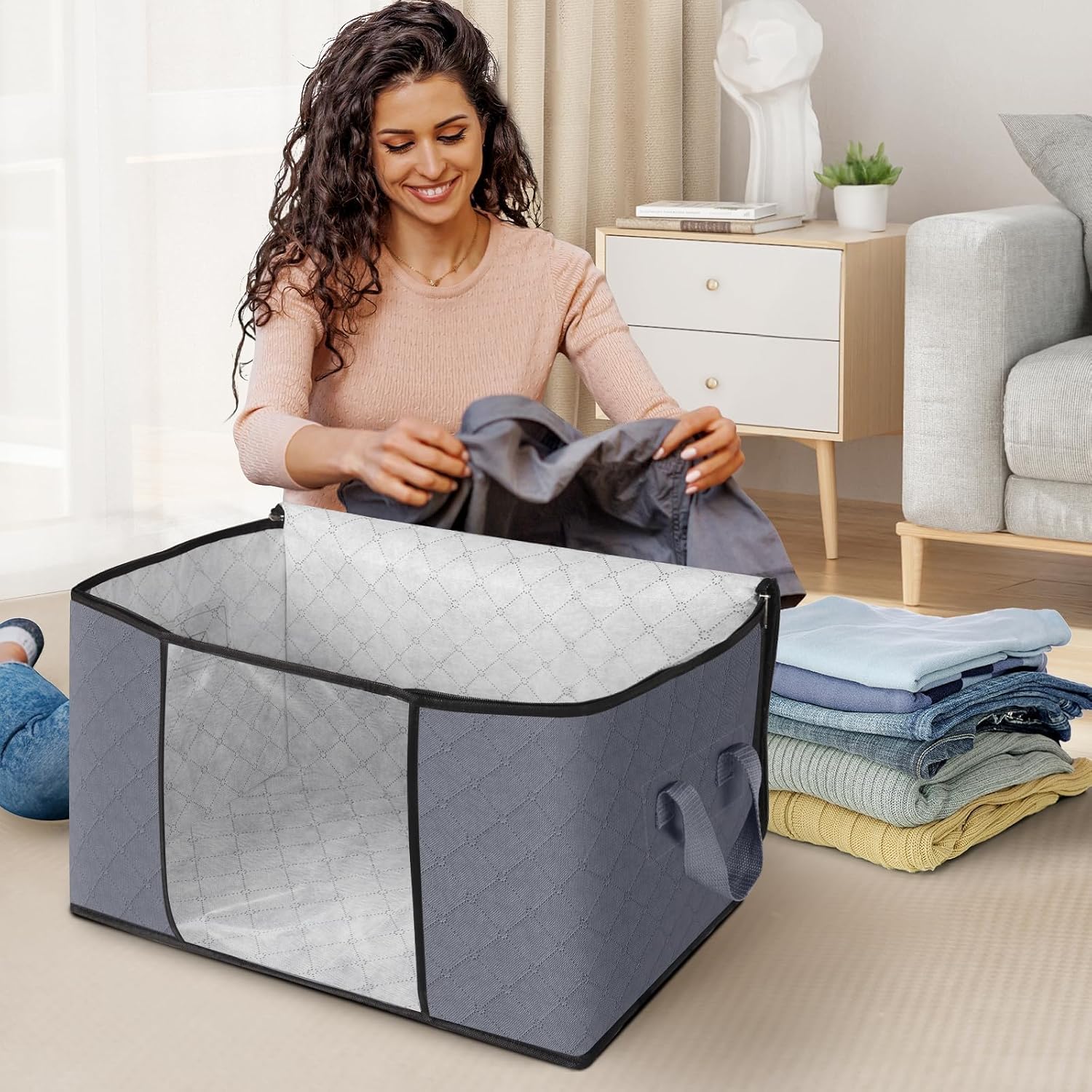 6 Pack Storage Bags for Clothes and Blanket, Foldable Closet Organizers and Storage with Zippers, Clear Window and
