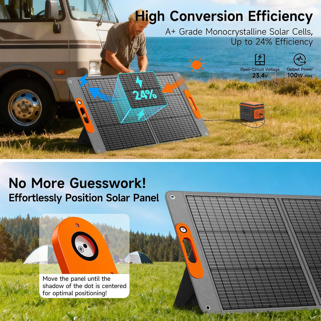 100W Portable Solar Panel for Power Station, 24% High Efficiency ETFE Foldable Solar Panel Charger, QC3.0, Type-C
