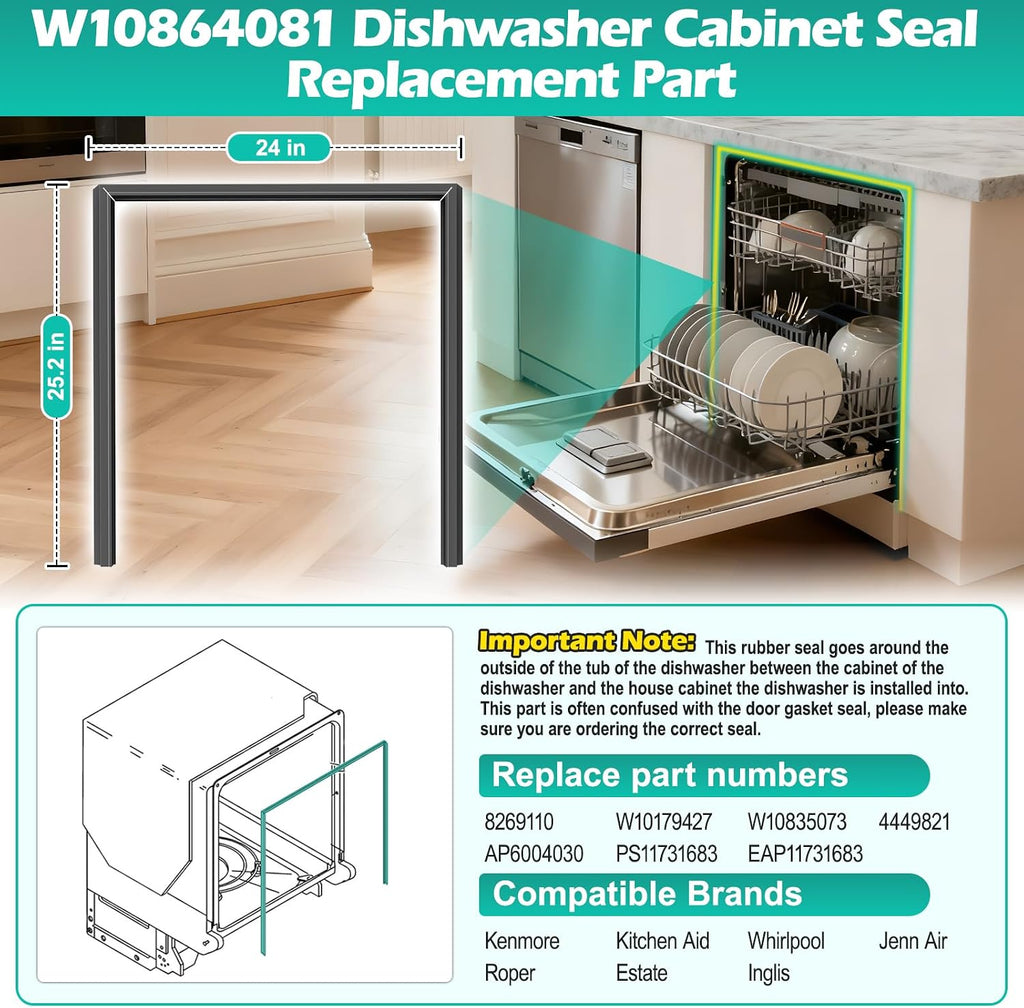 Upgraded W10864081 Dishwasher Door Gasket for Whirlpool Dishwasher Models WDTA50SAHZ0,KDFE104DSS3, KDFE204ESS1 W10179427, W10835073 Dishwasher Cabinet Seal for Kenmore Kitchen Aid Dishwasher