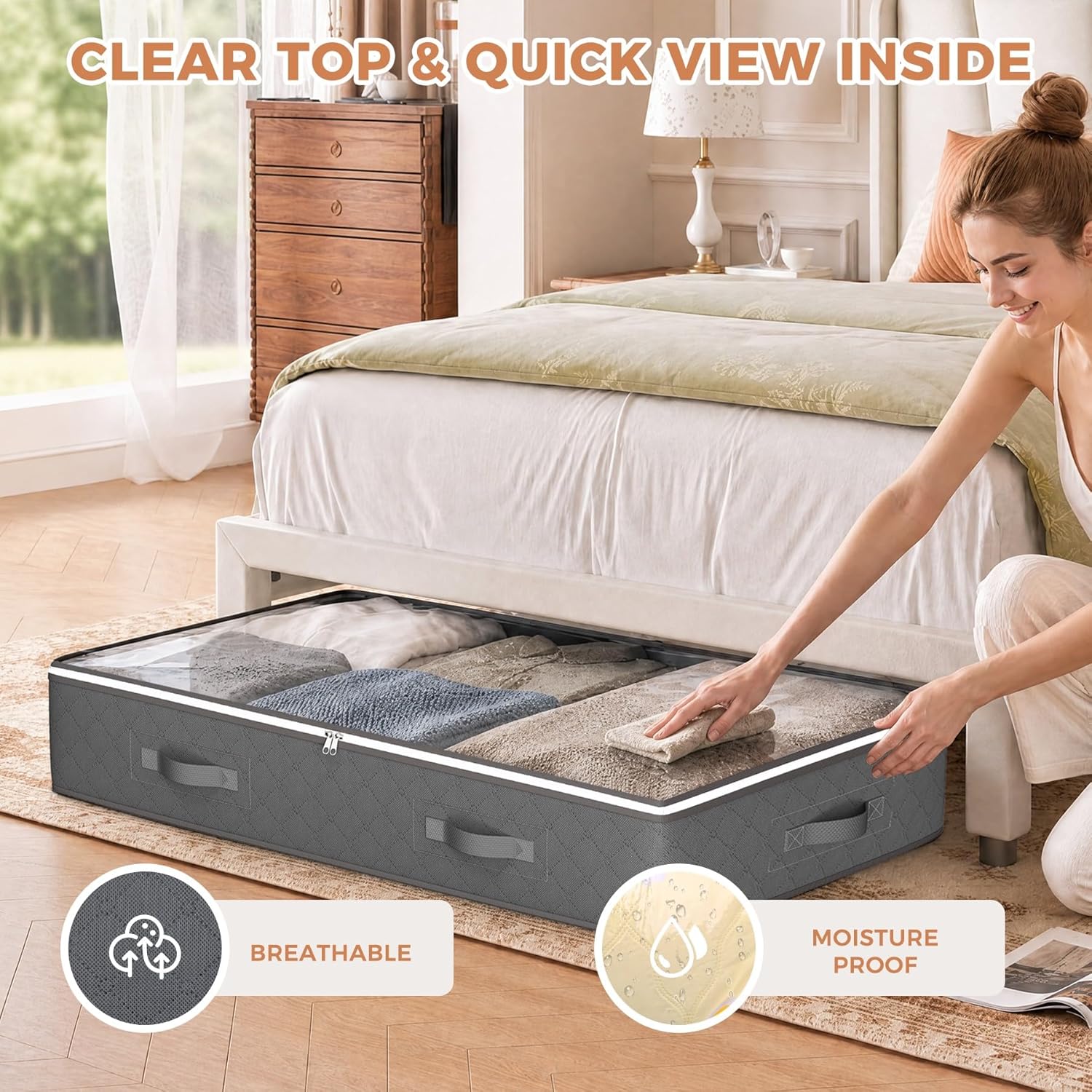 60L Under Bed Storage Containers, Storage Bins with Clear Lids, Foldable Closet Organizers for Clothes, Blankets