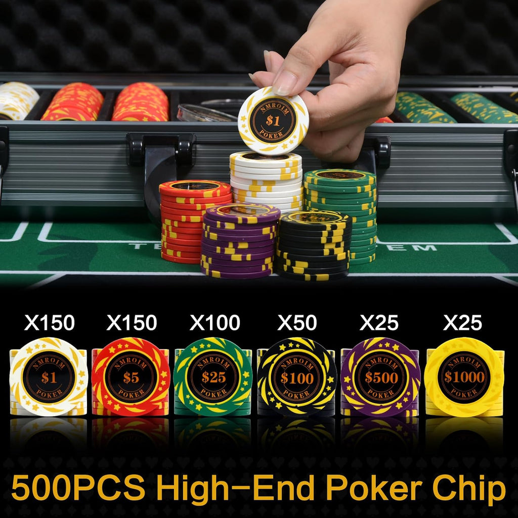 13.5 Gram Clay Poker Chip Set Texas Hold'em Casino Chips 2 Decks of Cards, Aluminum Case Dealer Buttons, for