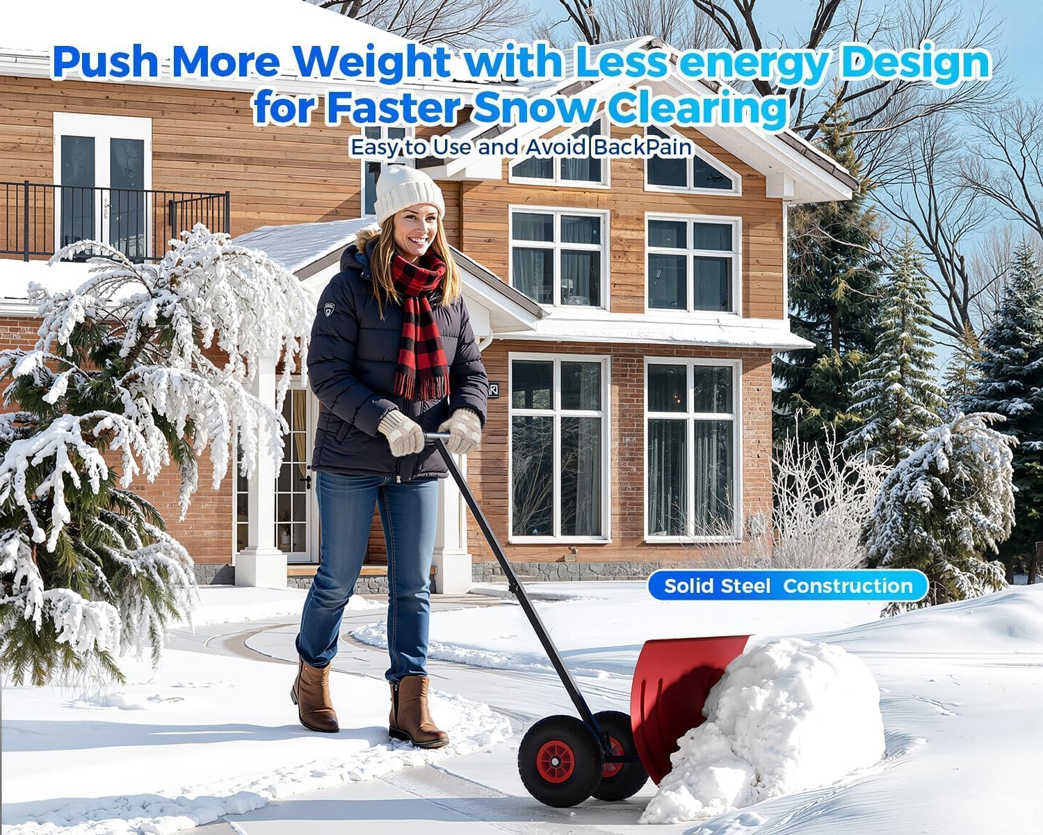 Heavy-Duty Snow Pusher with Wheels, 29" Snow Shovel Plow for Driveway, 5-Position Adjustable Handle, Lightweight Wide