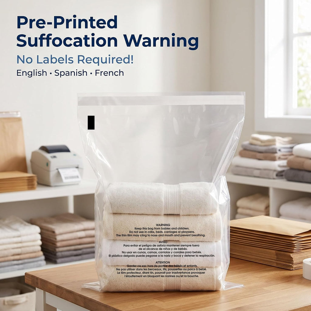 18” X 24” (200 Count) Self Seal Clear Poly Bags with Suffocation Warning
