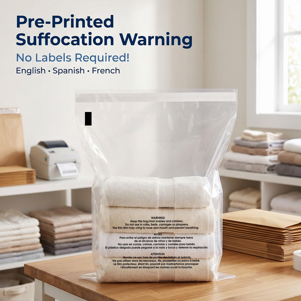 16" X 20" (200 Count) Self-Seal Clear Poly Bags With Suffocation Warning