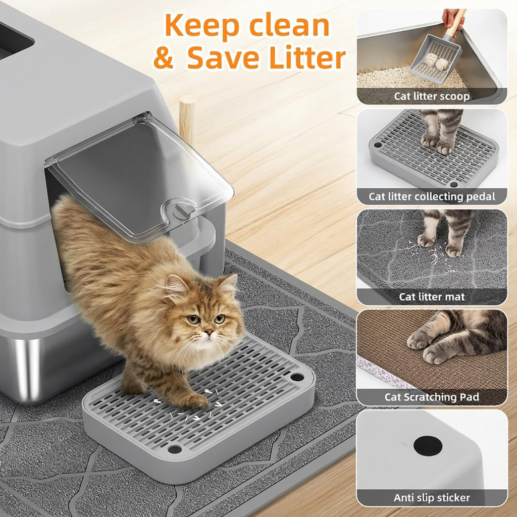 Stainless Steel Litter Box with Lid,Front Entry Top Exit Kitty LitterBox,Extra Large Enclosed Metal Cat Box with