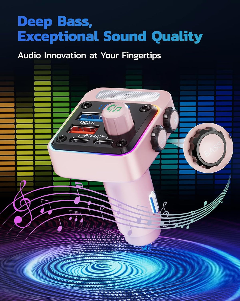 54W Bluetooth 5.3 Car Adapter, FM Transmitter 4-Port Fast Charging | Wireless FM Radio Music Player with Deep Bass, 5