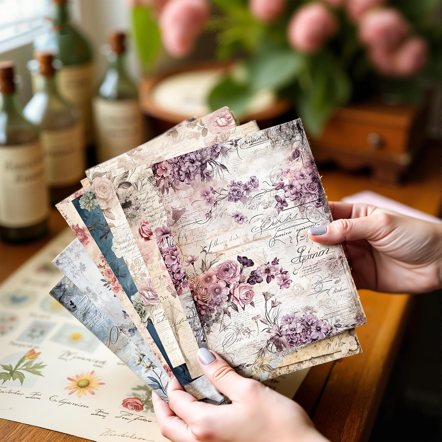 160 Sheets Vintage Flower Scrapbook Paper, Junk Journal Supplies, Purple Pink Flowers with Cursive Script No