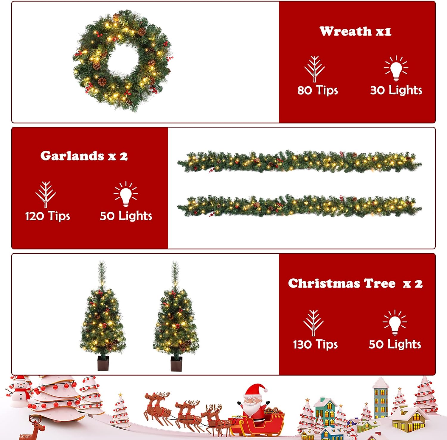 Pre-lit Christmas Tree 5-Piece Set with LED Lights, Christmas Garlands, Wreath and Set of 2 Entrance Trees Artificial