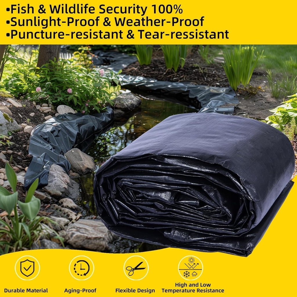 Pond Liner,15x20Ft Pond Liners for Outdoor,28Mil PE Black Koi Fish Pond Liner,Reinforced Pond Underlayment for Water